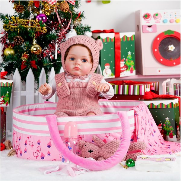 Reborn Baby Doll Accessories with Bassinet,Baby Doll Clothes Knitted Outfit for 17-22 inch Newborn Girls