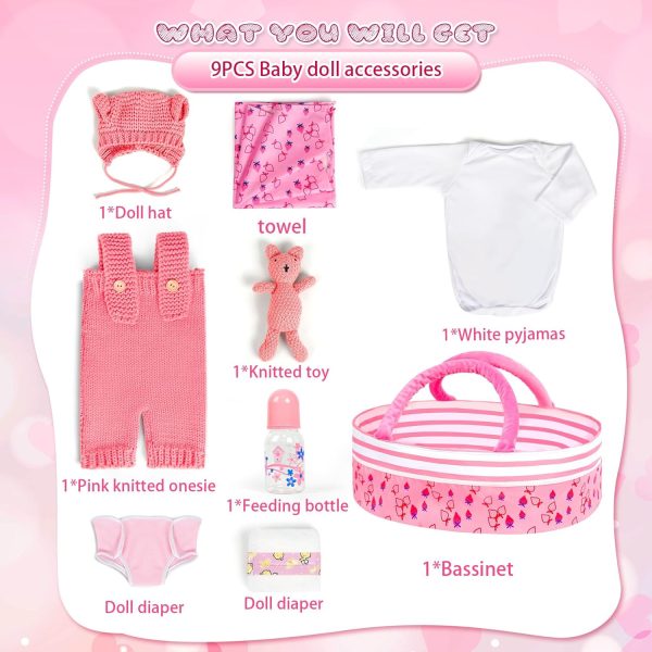 Reborn Baby Doll Accessories with Bassinet,Baby Doll Clothes Knitted Outfit for 17-22 inch Newborn Girls - Image 4